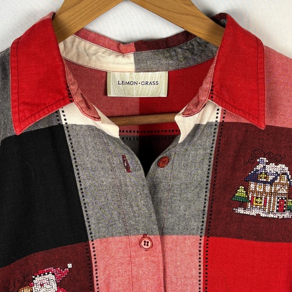 VTG Women Christmas Long Sleeve Button Up Embroidered Shirt Sz L Lemon Grass - Picture 2 of 11